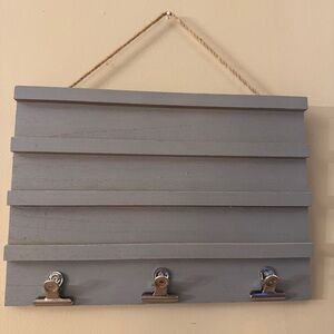 Gray Wooden Wall Hanging Organizer with Metal Clips
